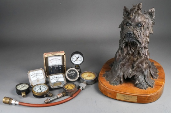 Charity Item: Cast Bronze Dog Sculpture & Assorted Meters - Gauges