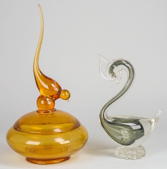 Vintage 1960s Viking Tailed Bird Candy Jar in Amber & Art Glass Swan - Bird