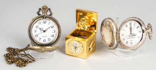 2 Quartz Pocket Watches & Timex Miniature Jack in the Box