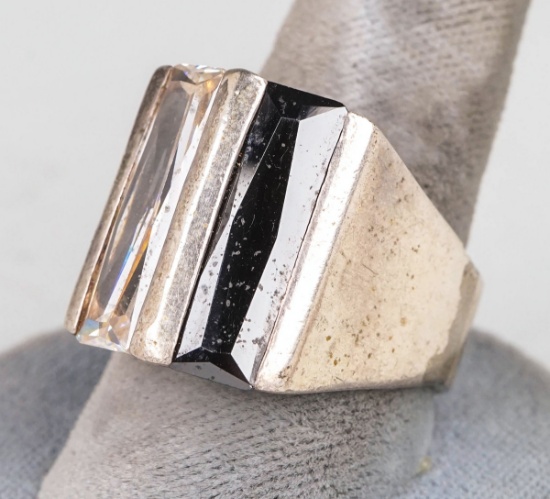 Silver Colored Men's Ring w/ Onyx & Crystal Colored Stones