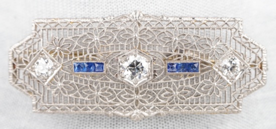 Art Deco 14k White Gold, Diamond & Sapphire Brooch, 5.5 Grams
