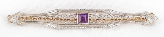 14K Antique Gold Amethyst Filigree Brooch, 3.7 Grams