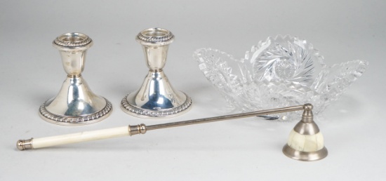 Weighted Sterling Candlesticks, Crystal Bowl & Candle Snuffer