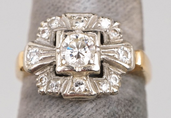 14k Gold Ladies Ring - Center Diamond w/ 12 Accent Diamonds, Sz. 6, 4.1 Grams