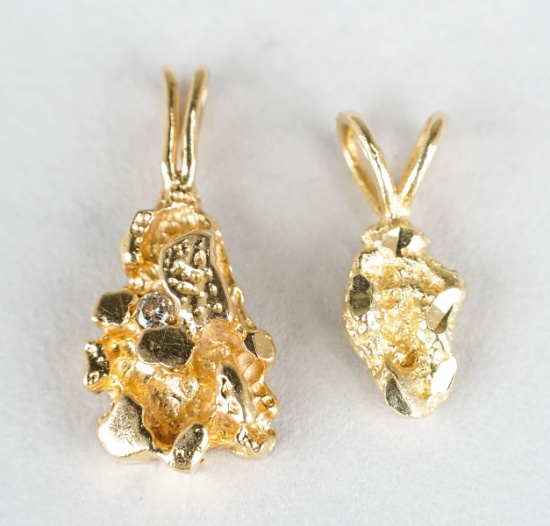 2 ~ 14K Gold Nugget Pendants, 1 w/  Diamond, 5.1 Grams