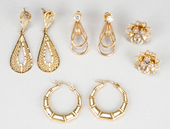4 Pair Of 14K Gold & Diamond Earrings, 9.8 Grams