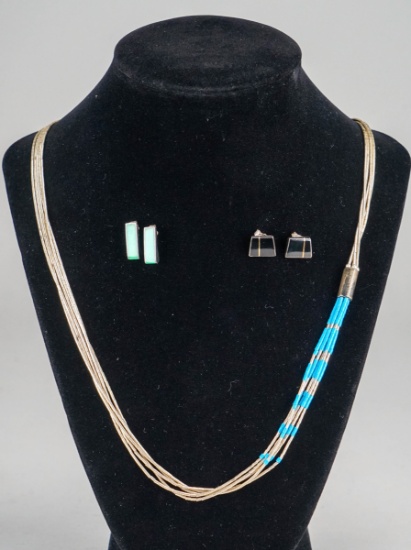 Sterling & Turquoise Necklace & 2 Southwest Style Earrings