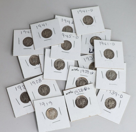 18 Silver (90%) Dimes, Ca. 1919 - 1945