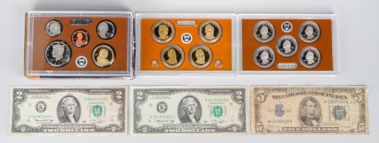 2011 Proof Set, 1934B $5 Star Silver Certificate, 2 $2 Fed Reserve Notes