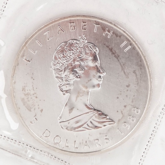 1988 Elizabeth II $5 Canada Dollar, 1 oz. .999 Fine Silver Coin