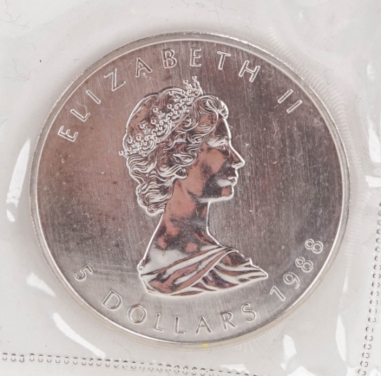 1988 Elizabeth II $5 Canada Dollar, 1 oz. .999 Fine Silver Coin