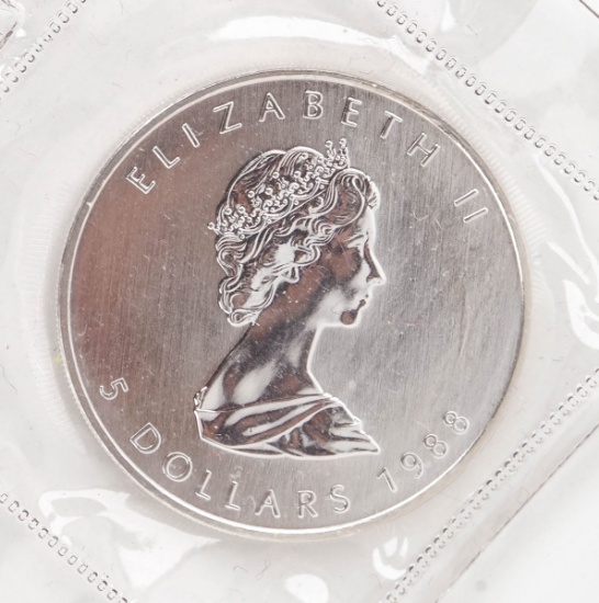 1988 Elizabeth II $5 Canada Dollar, 1 oz. .999 Fine Silver Coin