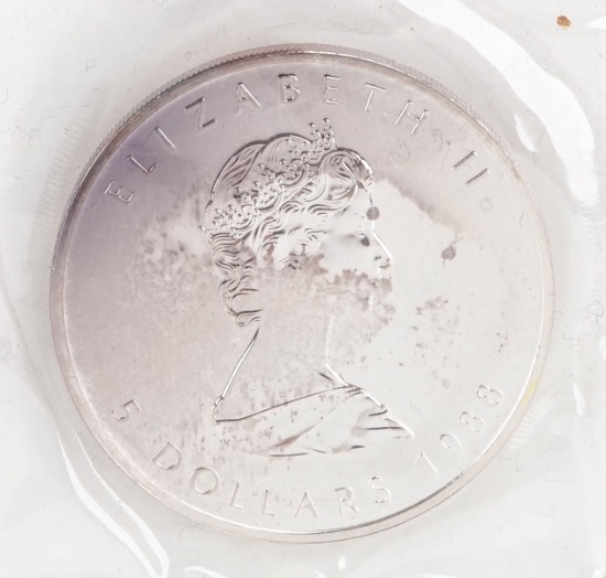 1988 Elizabeth II $5 Canada Dollar, 1 oz. .999 Fine Silver Coin