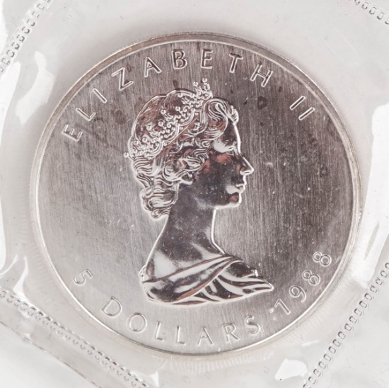 1988 Elizabeth II $5 Canada Dollar, 1 oz. .999 Fine Silver Coin