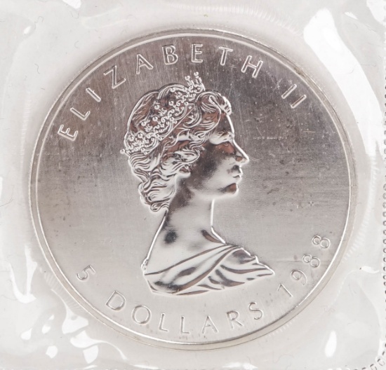 1988 Elizabeth II $5 Canada Dollar, 1 oz. .999 Fine Silver Coin