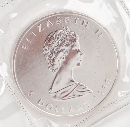 1988 Elizabeth II $5 Canada Dollar, 1 oz. .999 Fine Silver Coin