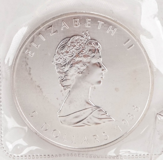 1988 Elizabeth II $5 Canada Dollar, 1 oz. .999 Fine Silver Coin