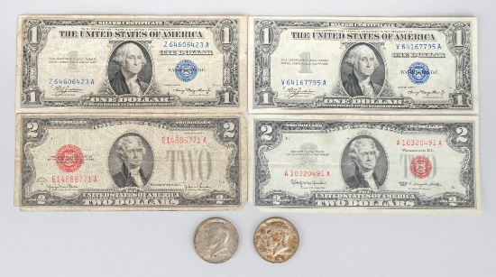 2-1935A $1 Silver Certs, 1928-G Red Seal Note & 1963 Red Seal, 40% Silver Kennedy Halves.