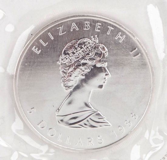1988 Elizabeth II $5 Canada Dollar, 1 oz. .999 Fine Silver Coin