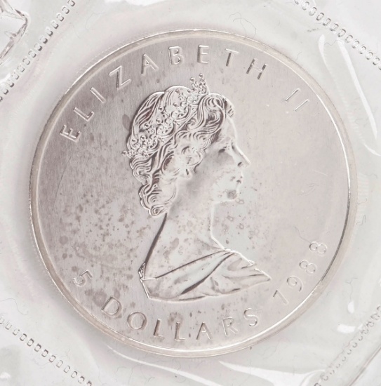 1988 Elizabeth II $5 Canada Dollar, 1 oz. .999 Fine Silver Coin