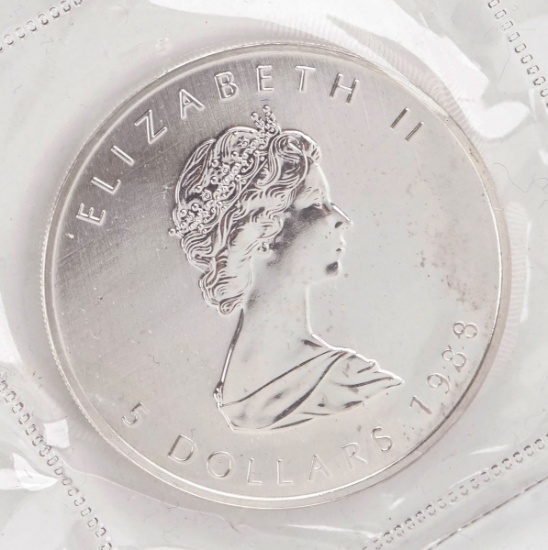 1988 Elizabeth II $5 Canada Dollar, 1 oz. .999 Fine Silver Coin