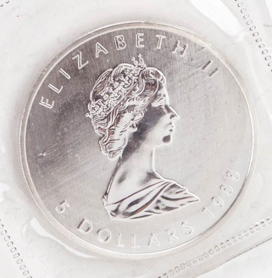 1988 Elizabeth II $5 Canada Dollar, 1 oz. .999 Fine Silver Coin