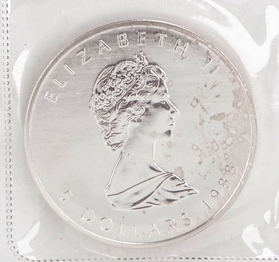 1988 Elizabeth II $5 Canada Dollar, 1 oz. .999 Fine Silver Coin