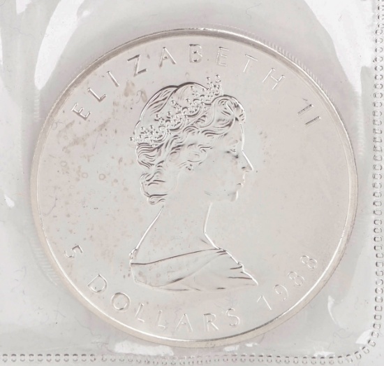 1988 Elizabeth II $5 Canada Dollar, 1 oz. .999 Fine Silver Coin