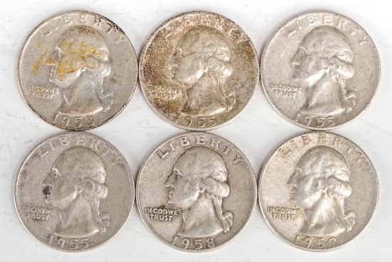 6 Washington Silver Quarters (1953S,1955P,2-1955D,1958D,1959D)