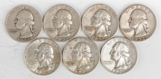 7 Washington Silver Quarters (1951D,1952S,1952D,1957D,1958P,1958D,1959D)