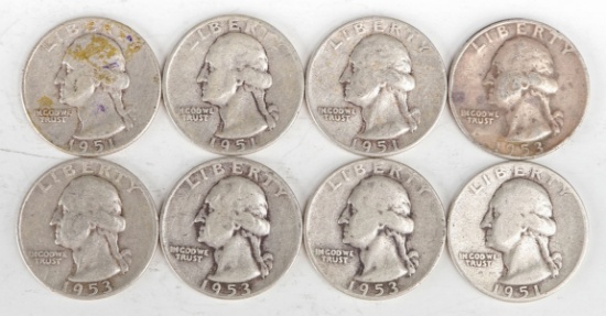 8 Washington Silver Quarters (4-1951P, 4-1953D)