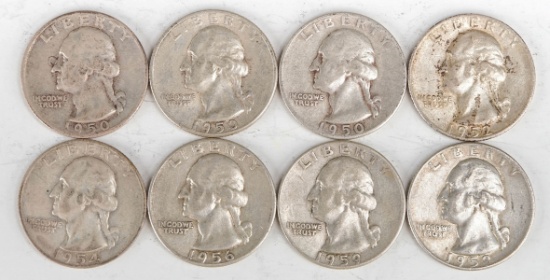 8 Washington Silver Quarters (1950D,2-1950S,1952S,1954S,1956P,2-1959D)
