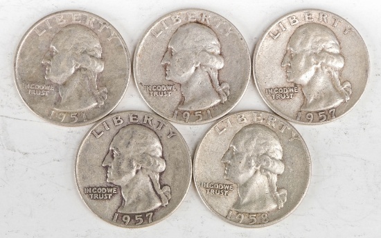 5 Washington Silver Quarters (2-1951D,2-1957D,1958D)