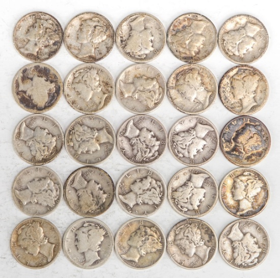 25 Mercury Silver Dimes, Various Dates/Mints