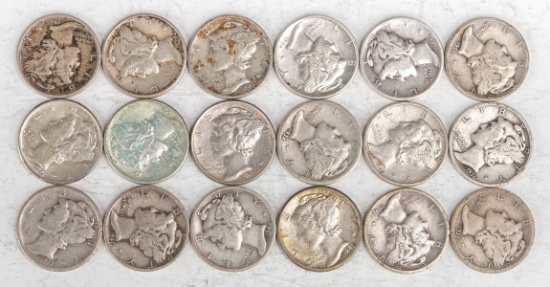 18 Mercury Silver Dimes, Various Dates/Mints