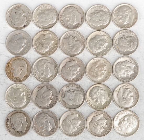 25 Mercury Silver Dimes, Various Dates/Mints