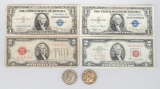 2-1935A $1 Silver Certs, 1928-G Red Seal Note & 1963 Red Seal, 40% Silver Kennedy Halves.