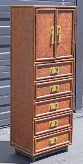 20th Century Faux Bamboo  & Palm Cabinet w/ Brass Handles