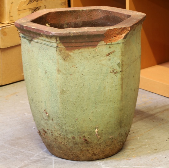 Large Green Terra Cotta Planter - Chipped