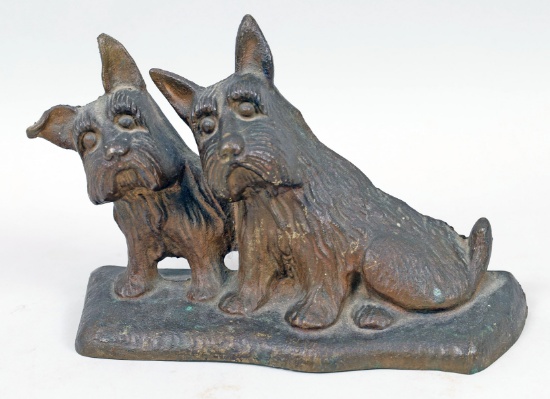 Cast Iron Twin Listening Scottie Dogs Door Stop