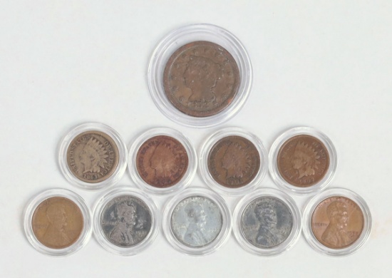 1853 Cent, 4 Indian Head Pennies, 5 Wheat Pennies