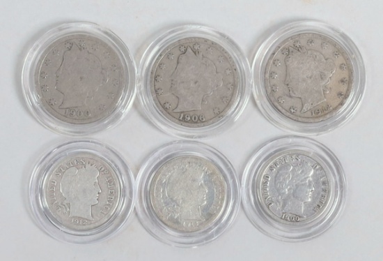 3 Barber Dimes 1900, 1912, 1913 & 3 V-Nickels 1900, 1906, 1912