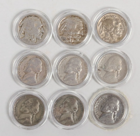 3 Buffalo Nickels,  6 Jefferson Nickels - Various Dates
