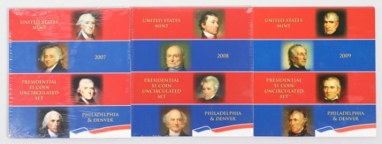 2007, 2008, & 2009 US Mint Presidential $1 Coin Uncirculated Sets
