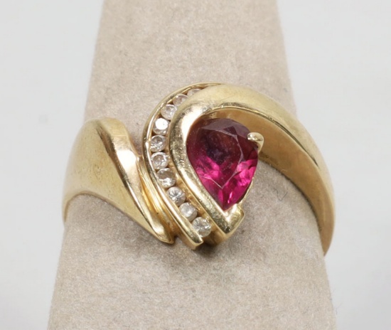 14K Yellow Gold Ruby & Diamond Chip Ring, Sz. 7, 4.4 Grams