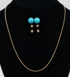 14K Gold Woven Necklace and 3 Pairs of Earrings