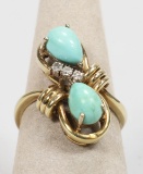 Turquoise & Diamond Chip 14K Gold Ring, Sz. 7, 6.2 Grams
