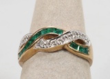 10K Yellow Gold Emerald Colored & Diamond Chip Ring, Sz. 6.50, 2.8 Grams