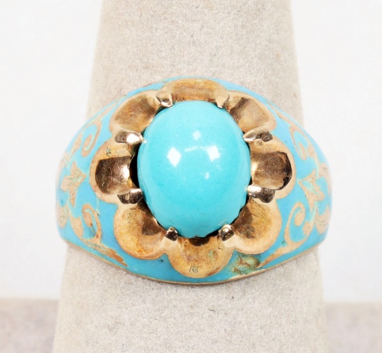 14K Turquoise Cocktail Ring, Sz. 8, 7.0 Grams