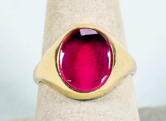 10K Yellow Gold Ring w/Ruby Colored Stone, Sz. 7.25, 3.4 Grams